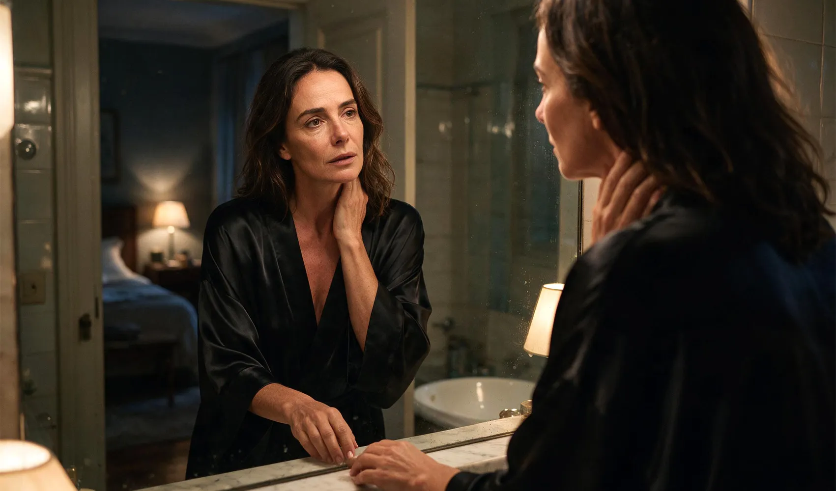 Mulher de 52 anos sozinha diante do espelho do banheiro, observando o próprio rosto com expressão introspectiva