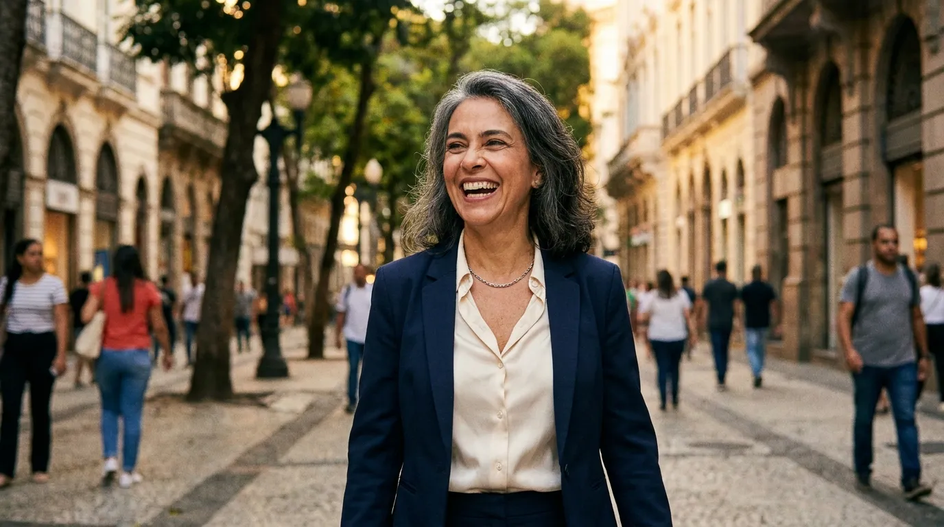 Mulher madura elegante, de blazer, caminhando pela rua e sorrindo com confiança