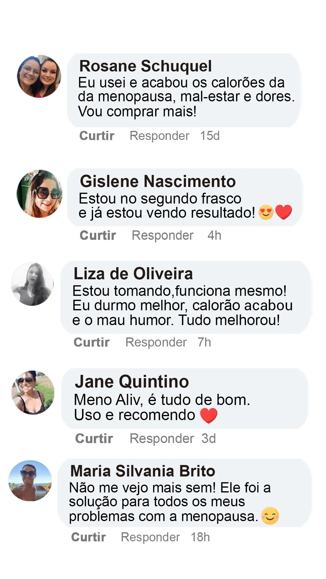 Comentários de mulheres no Facebook que usam Meno Aliv