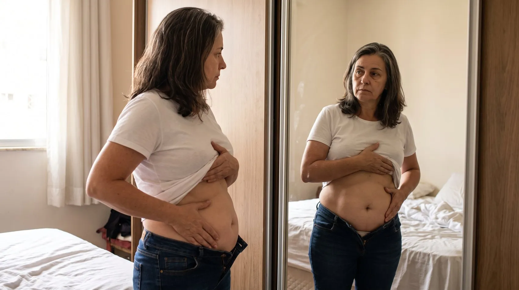 Mulher de 52 anos de perfil diante do espelho do quarto, com a camiseta levantada e a calça jeans aberta, olhando para a própria barriga
