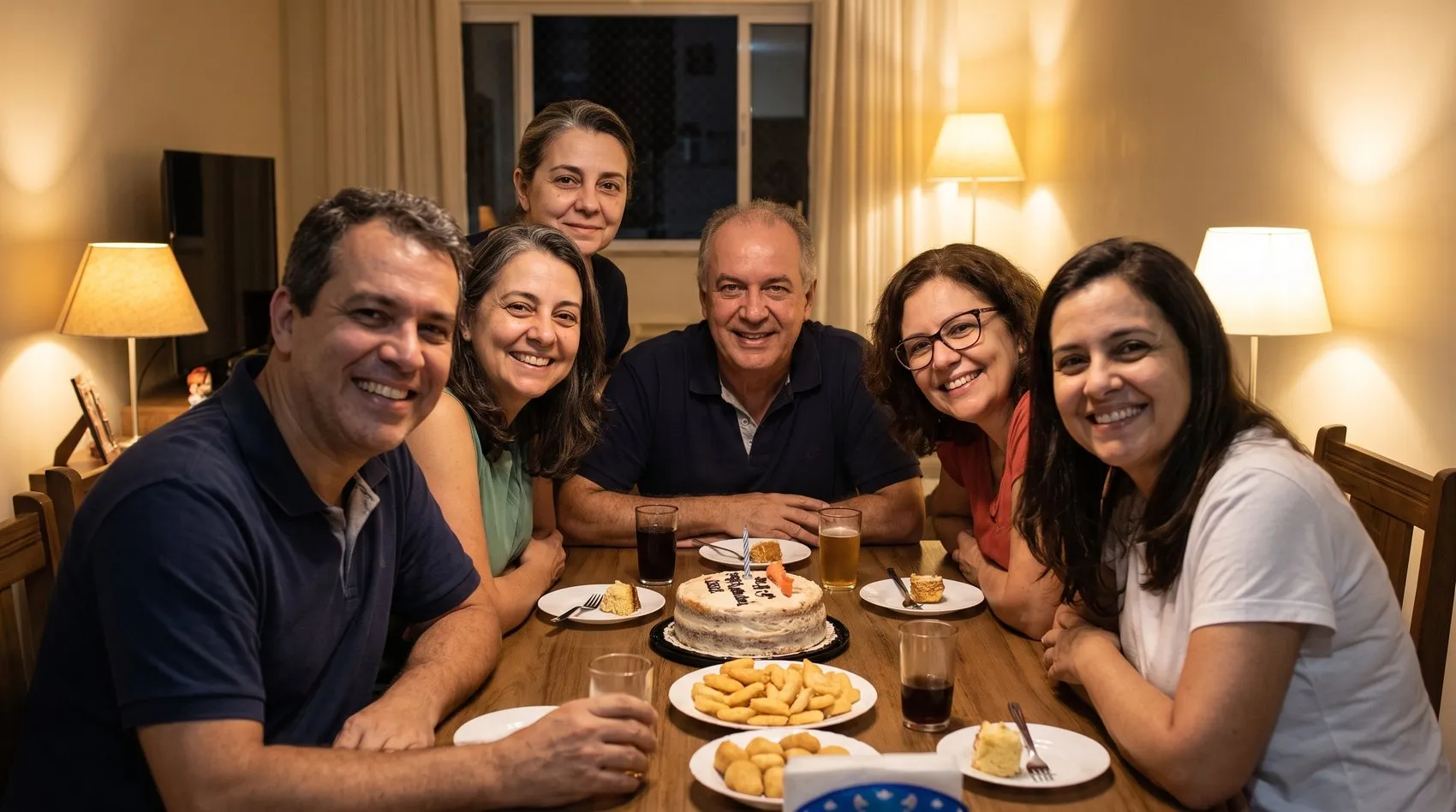 Foto de aniversário em família: cinco parentes sorrindo à mesa e a mesma mulher em pé atrás do grupo, quase toda escondida pelos ombros de quem está na frente