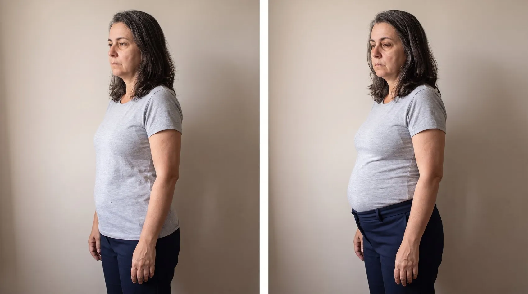 Duas fotos da mesma mulher de 52 anos, de perfil, com a mesma camiseta cinza e a mesma calça: de manhã a roupa cai solta; no fim do dia a camiseta está esticada sobre o abdômen projetado logo abaixo do busto
