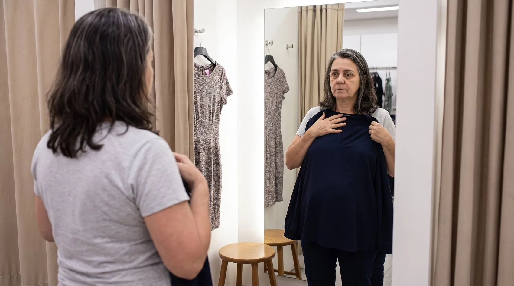 A mesma mulher dentro de um provador, segurando uma blusa larga escura na frente do corpo diante do espelho, com um vestido justo pendurado no gancho atrás dela