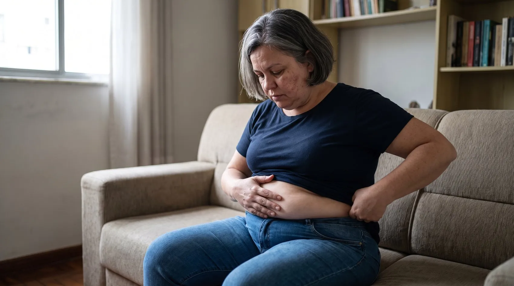 Mulher de 54 anos sentada na beira do sofá, de camiseta e jeans, com a barriga dobrando sobre o cós e uma das mãos apoiada na dobra