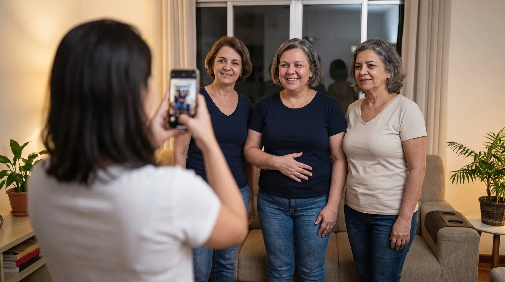 A mesma mulher posando para uma foto com duas amigas em casa: as duas estão de braços soltos, e ela, sorrindo, levou a mão espalmada para a frente do abdômen