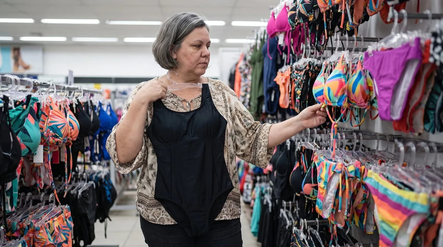 A mesma mulher no corredor de moda praia de uma loja, segurando um maiô preto de cintura alta contra o corpo enquanto a outra mão ainda toca um biquíni colorido que ficou na arara