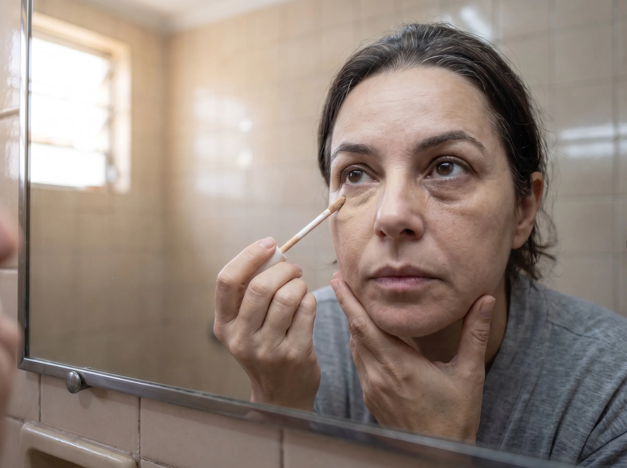 A mesma mulher aplicando corretivo sob o olho diante do espelho, com metade do rosto ainda sem maquiagem