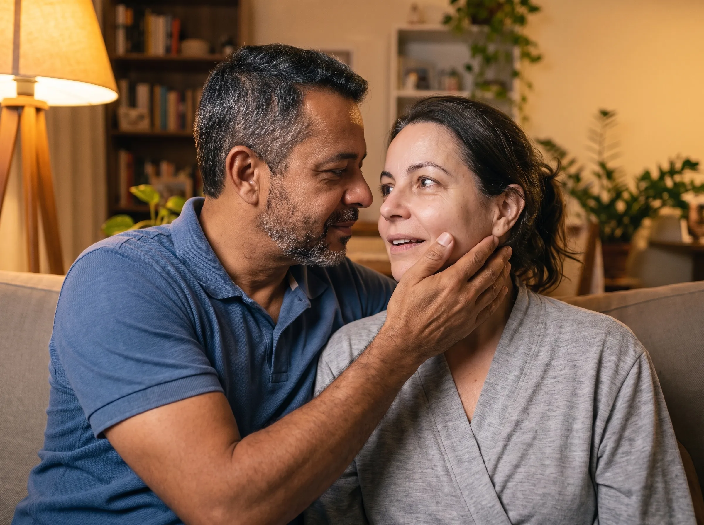 O mesmo casal na sala, em luz quente: ele aproxima o rosto e apoia a mão no rosto dela, olhando para ela com atenção; ela olha de volta