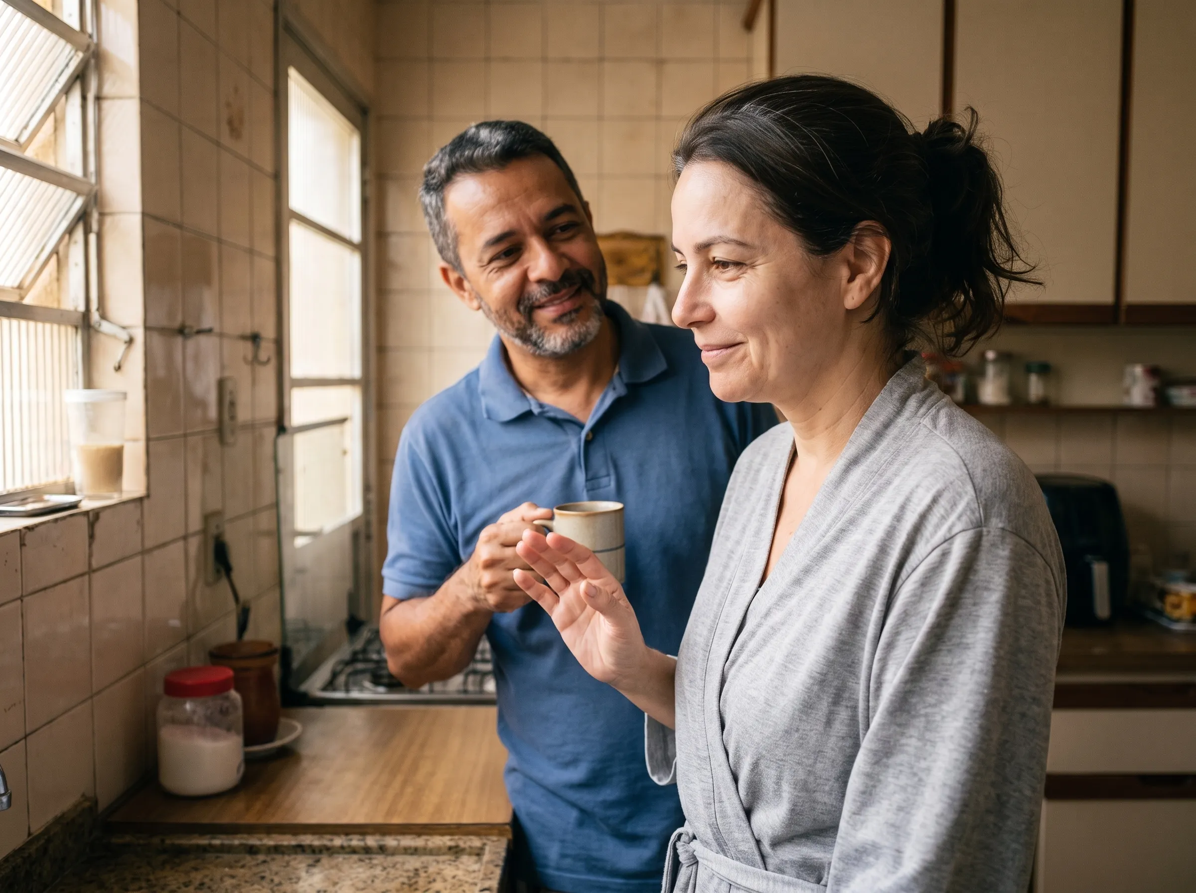 Casal na casa dos 50 na cozinha de manhã: ele olha para ela com um sorriso, acabou de elogiá-la; ela desvia o rosto e dispensa o elogio com um gesto de mão
