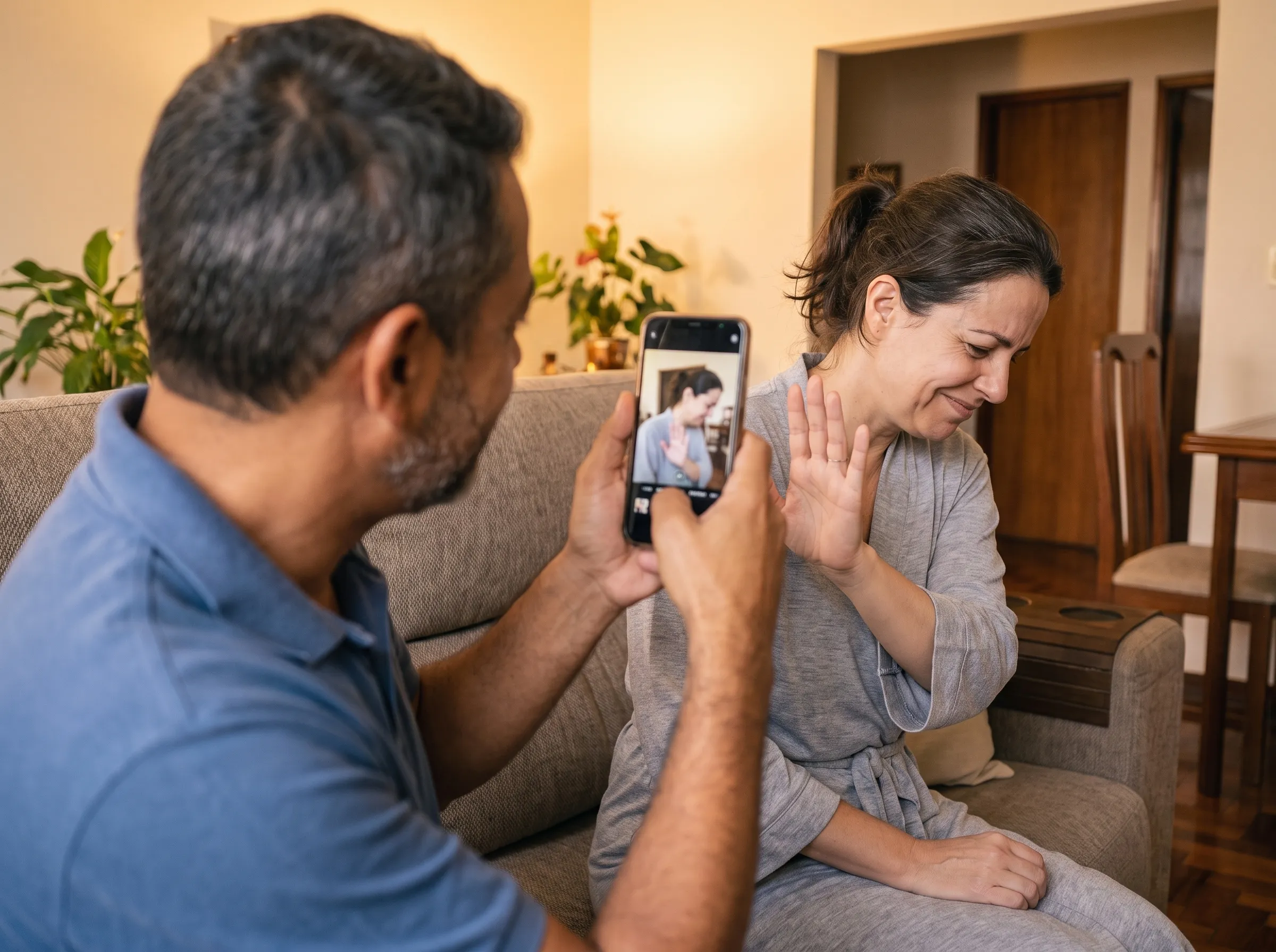 Na sala, o marido levanta o celular para fotografá-la e ela vira o rosto e ergue a mão para tapar a lente