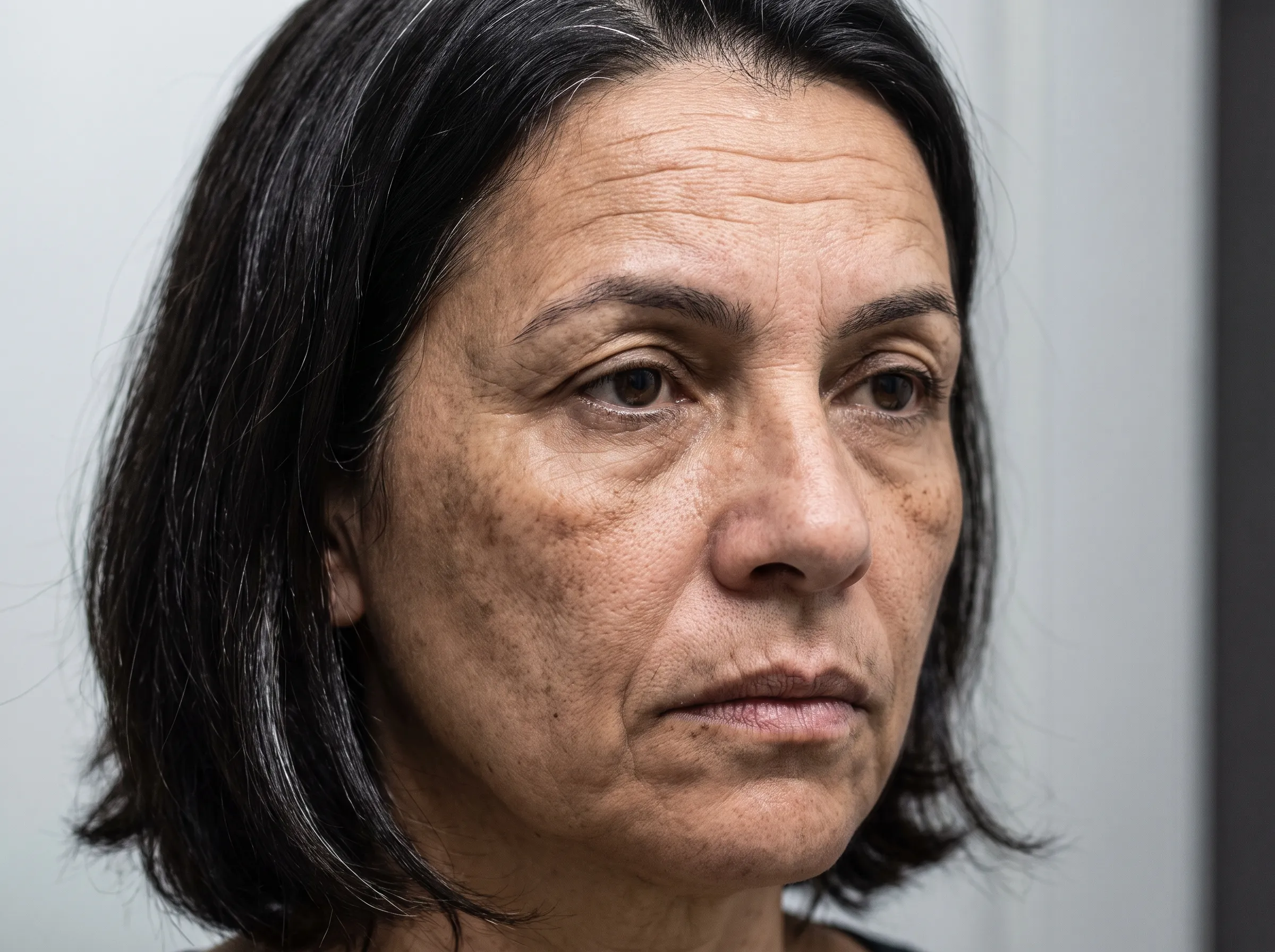 Close no rosto lavado de uma mulher de 49 anos sob luz dura de banheiro: linhas fundas na testa, pés de galinha, sulcos do bigode chinês e manchas escuras nas maçãs do rosto