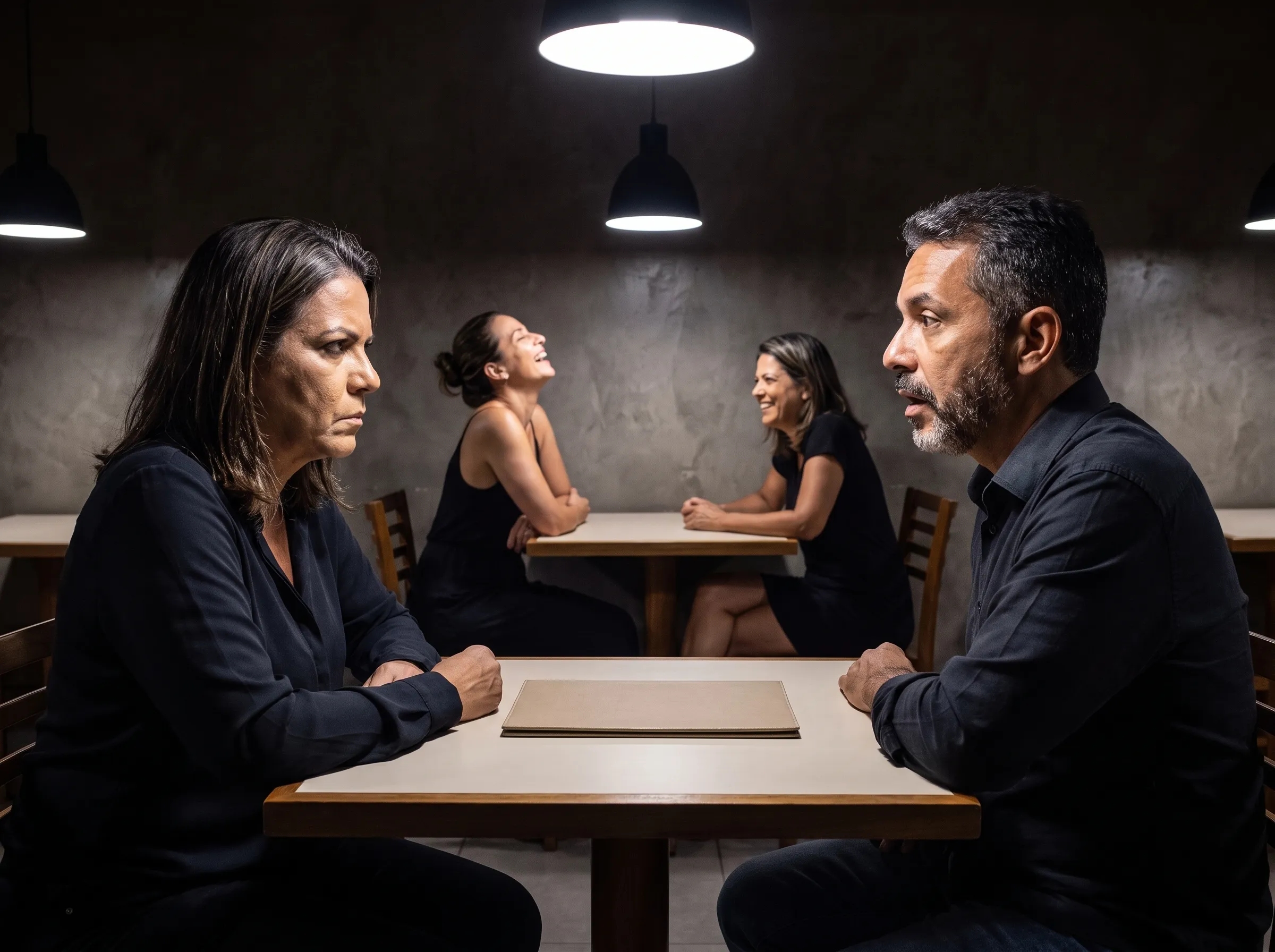 Restaurante à noite: o marido virado na cadeira, olhando abertamente para a mulher da mesa de trás, que ri de rosto lavado; a esposa, maquiada, encara ele
