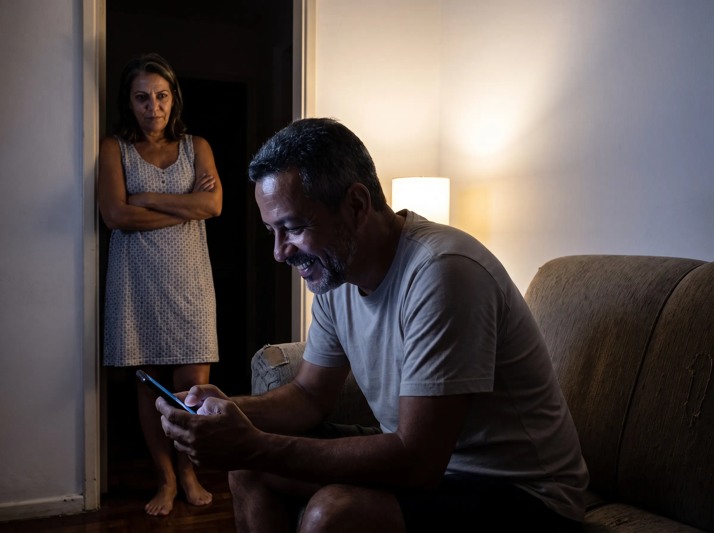 Sala à noite: o marido curvado no sofá, com o celular colado ao peito e virado para longe da porta, sorrindo para a tela; ela parada na porta escura, de braços cruzados