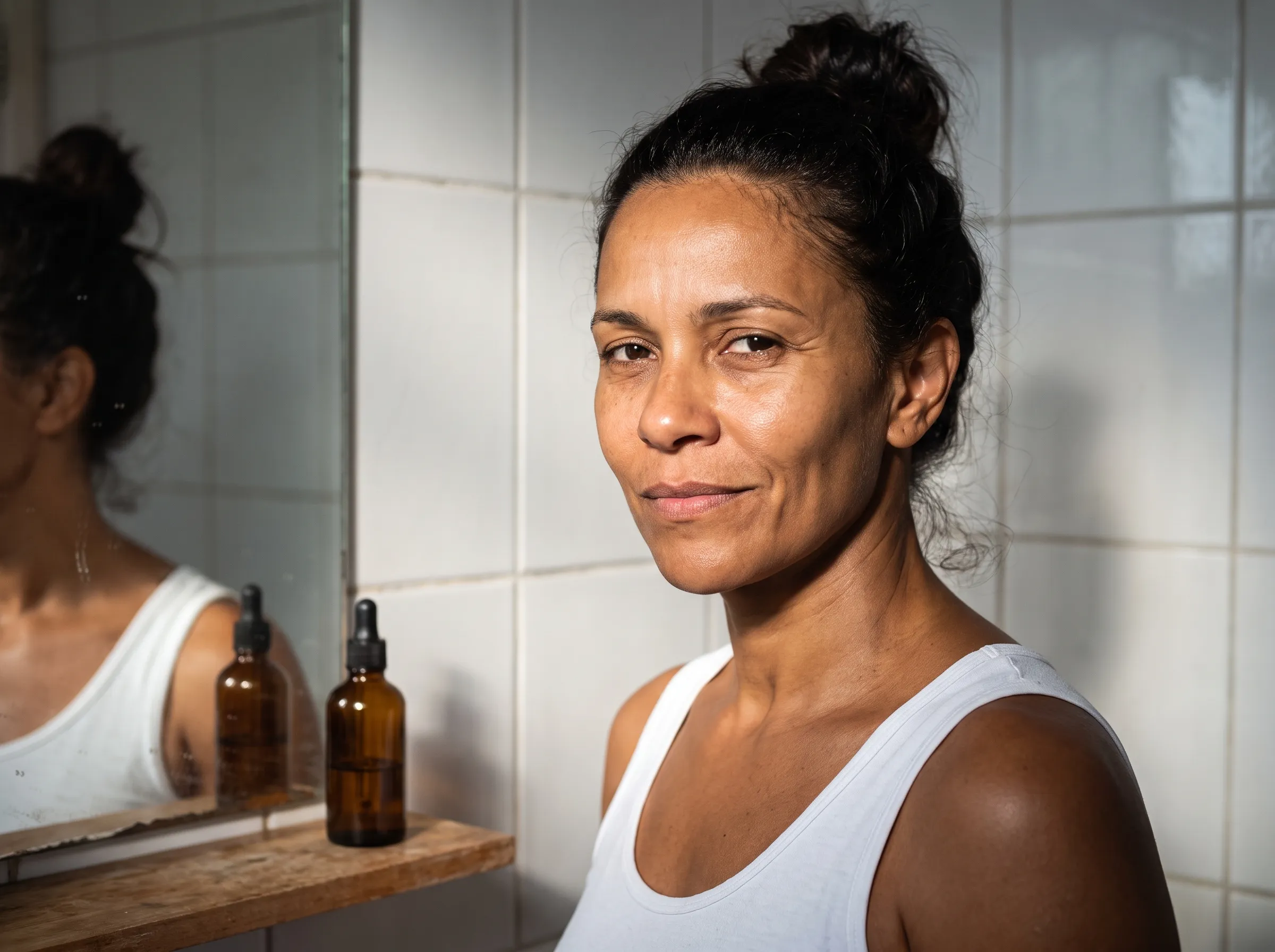 Retrato de outra mulher, de 48 anos, de rosto lavado e pele firme sob luz dura, olhando direto para a câmera com meio sorriso seguro; na prateleira, um frasco conta-gotas sem marca