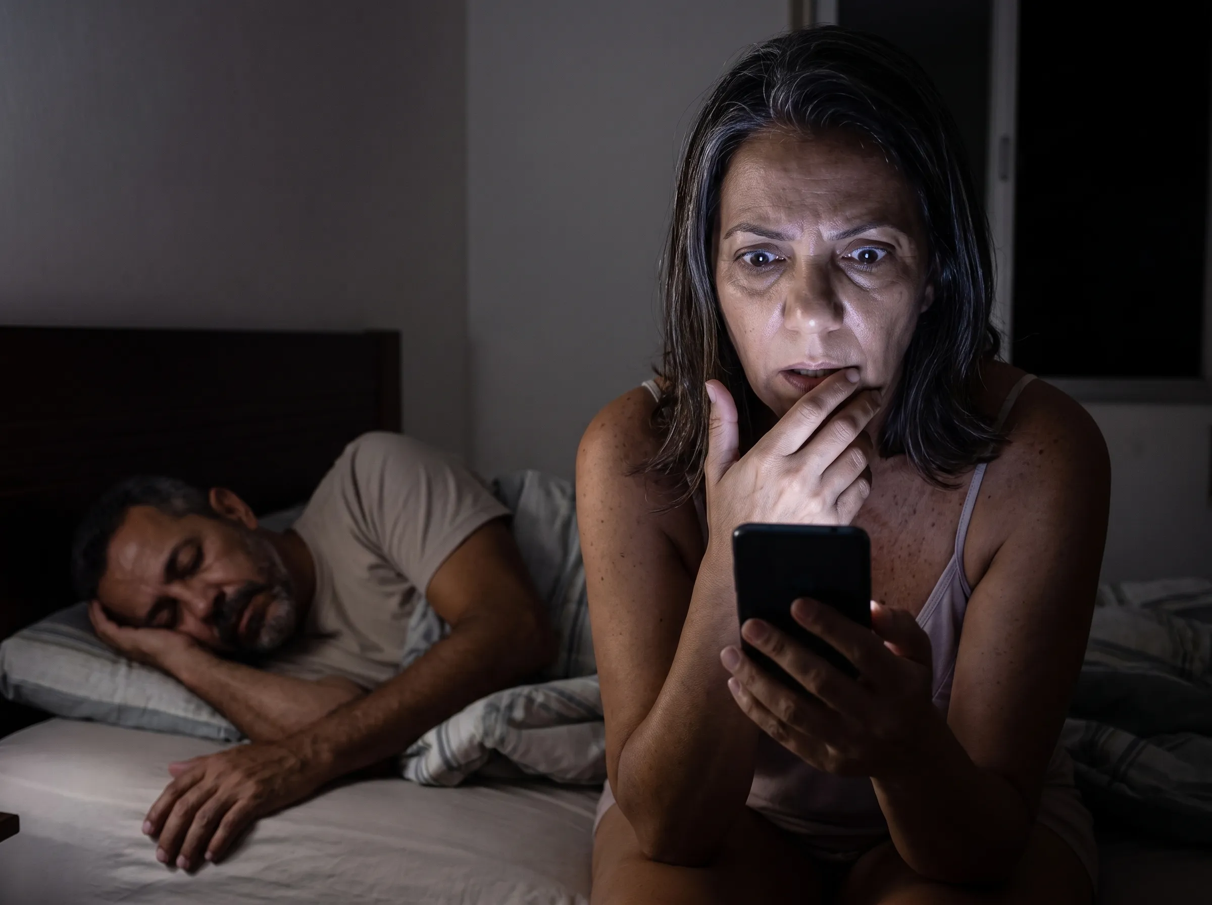 Madrugada no quarto: ela sentada na beira da cama com o celular do marido nas mãos, o rosto iluminado pela tela, enquanto ele dorme de costas ao fundo