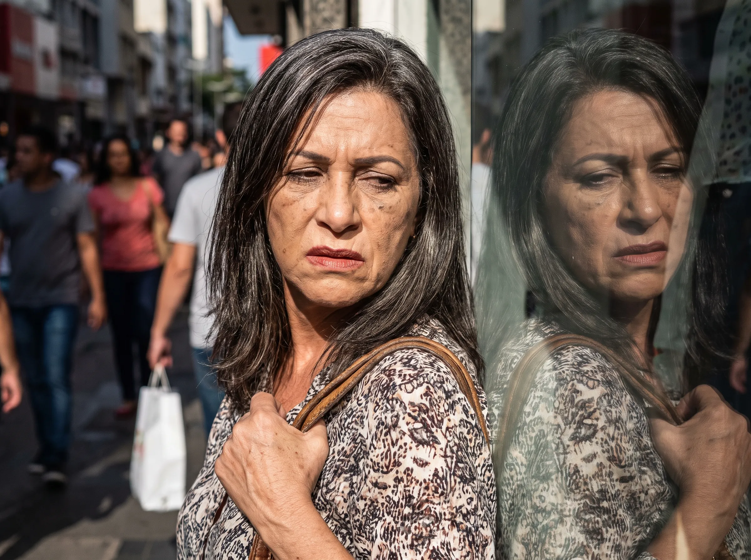 Mulher de 50 anos, maquiada, parada ao lado de uma vitrine sob sol forte, virando o rosto para longe do próprio reflexo no vidro; ao fundo, gente passa sem olhar