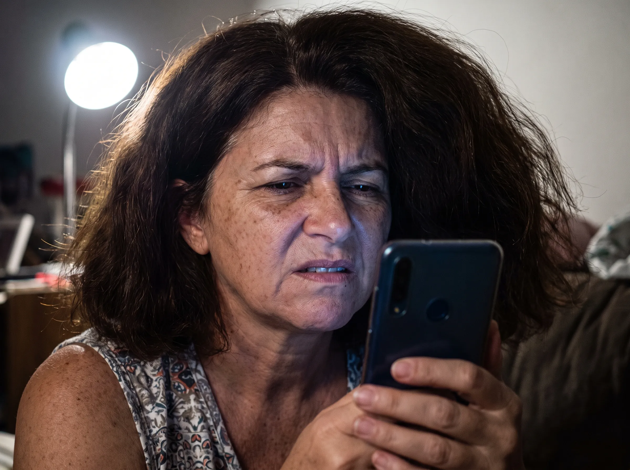 Mulher de 50 anos encolhida no sofá à noite, com o rosto iluminado pela tela do celular, olhando as fotos de outras mulheres com o maxilar travado e os olhos apertados de inveja