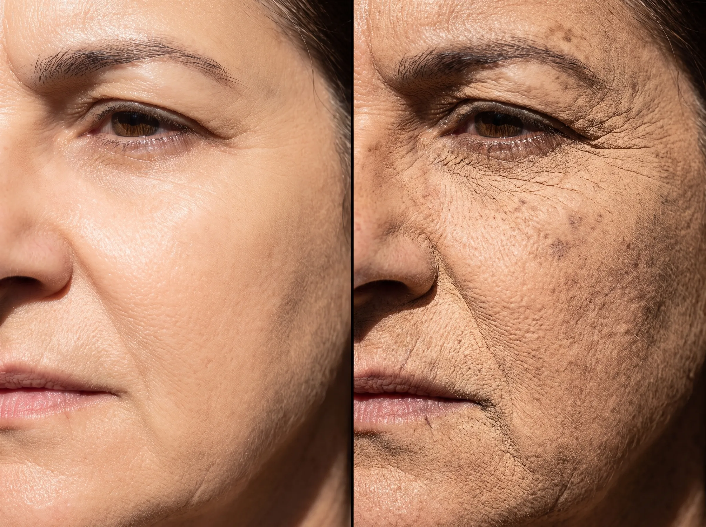 Macro dividida ao meio: à esquerda, a bochecha de uma mulher de 50 anos com a base assentada em pele firme; à direita, a mesma região no rosto dela, com a base rachada nos pés de galinha, corretivo no bigode chinês e pó em crosta sobre as manchas
