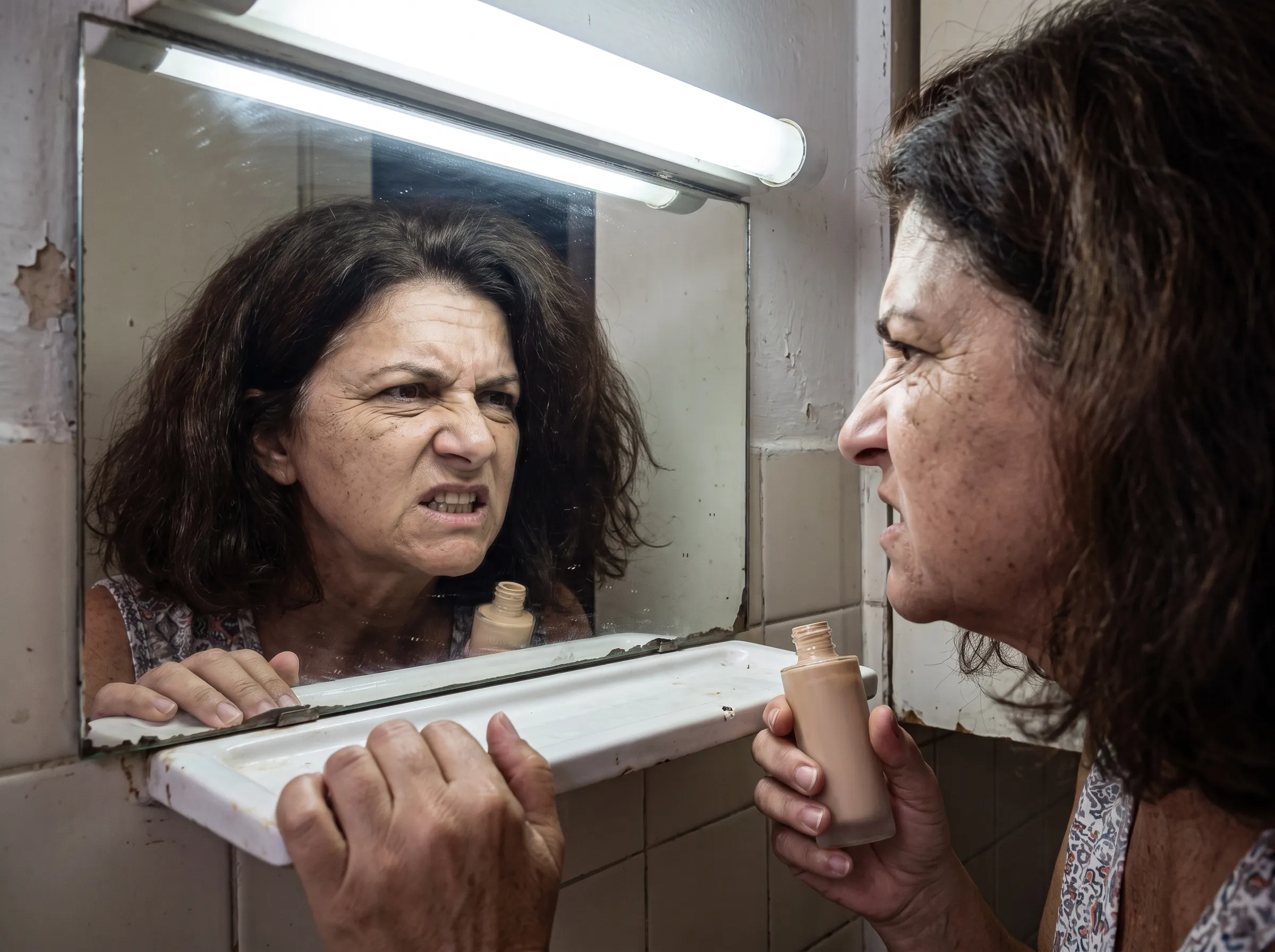A mesma mulher no banheiro sob luz fluorescente, com a base já rachada nos pés de galinha e um frasco de base sem marca na mão, encarando o próprio reflexo com raiva