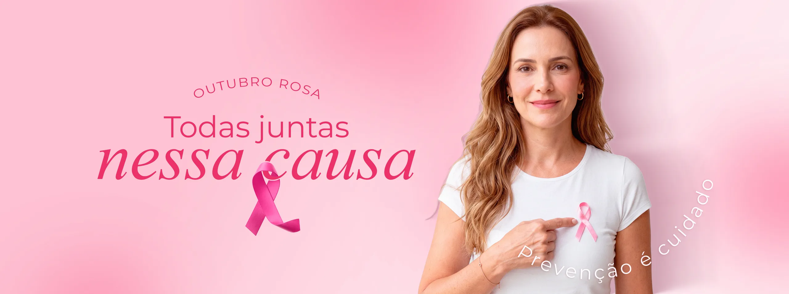 Outubro Rosa, todas juntas nessa causa: mulher com o laço rosa no peito