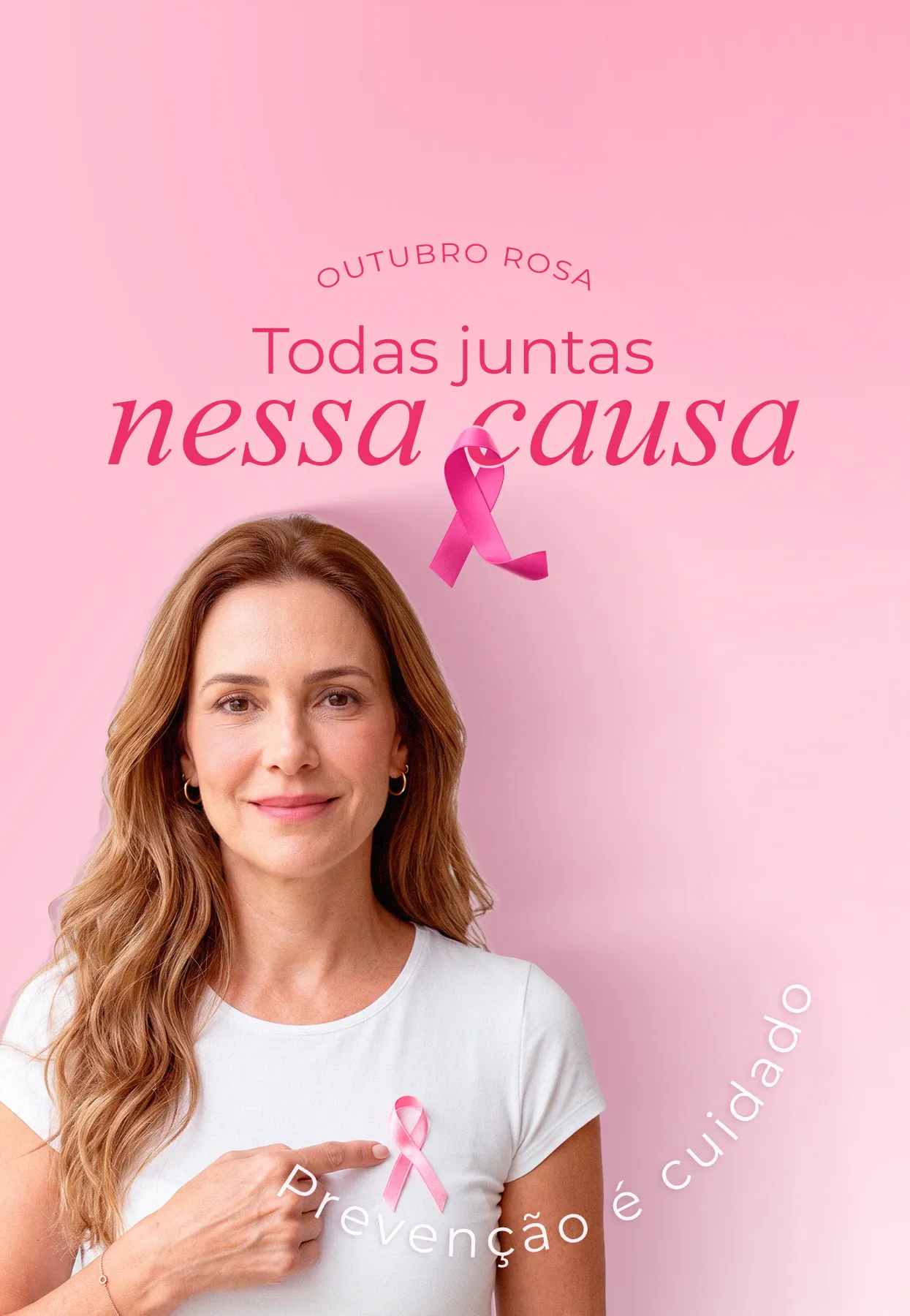 Outubro Rosa, todas juntas nessa causa: mulher com o laço rosa no peito
