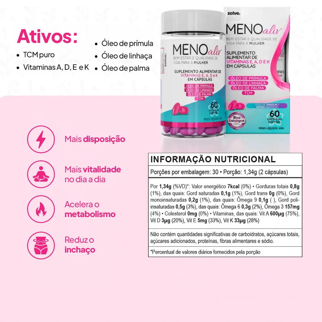 Ativos do Meno Aliv: óleos de prímula, linhaça e palma, TCM e vitaminas A, D, E e K, com a informação nutricional