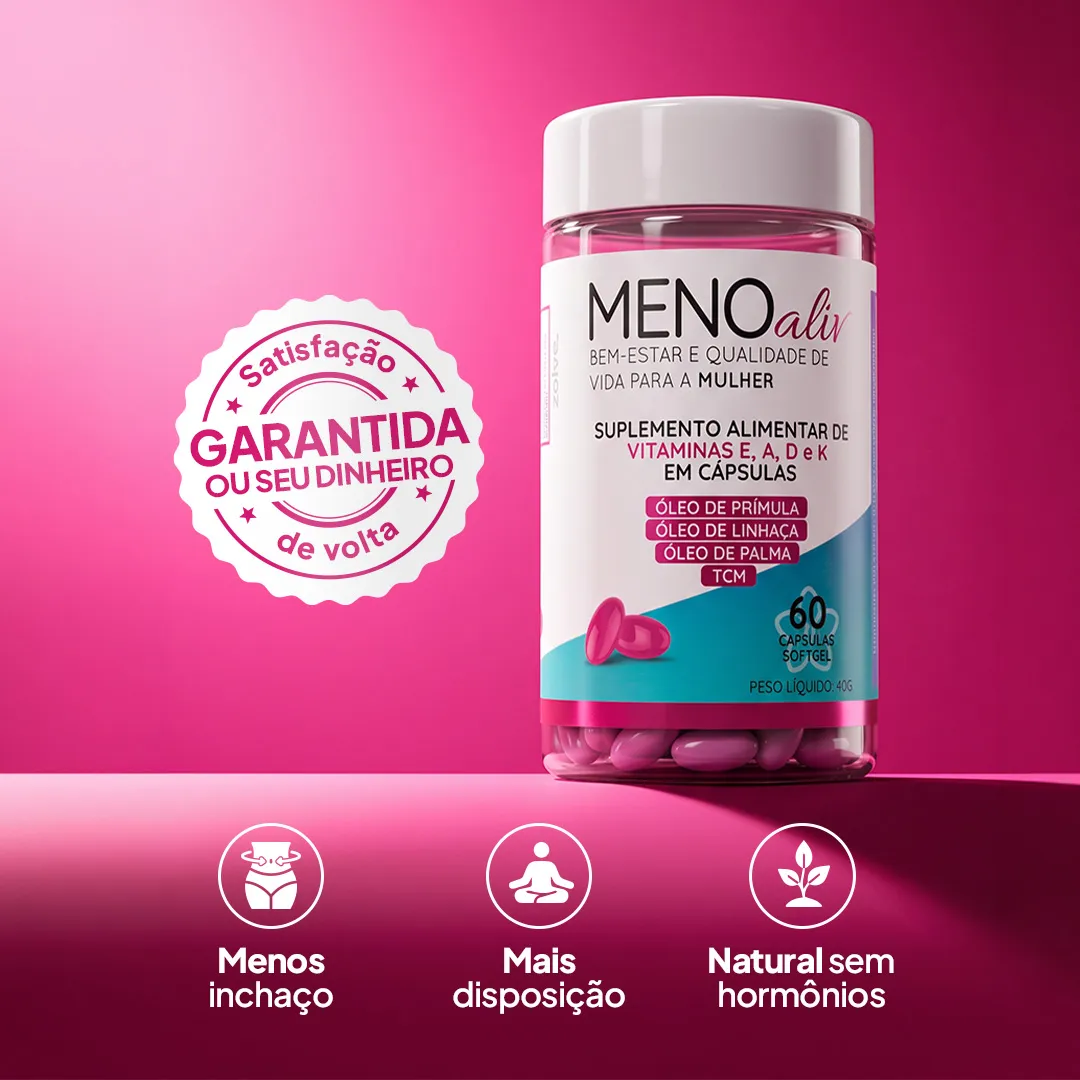 Pote de Meno Aliv com o selo de satisfação garantida e os destaques menos inchaço, mais disposição e natural sem hormônios