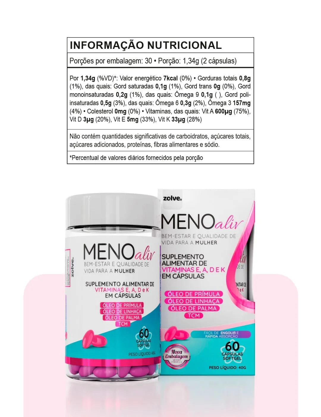 Informação nutricional do Meno Aliv impressa no rótulo
