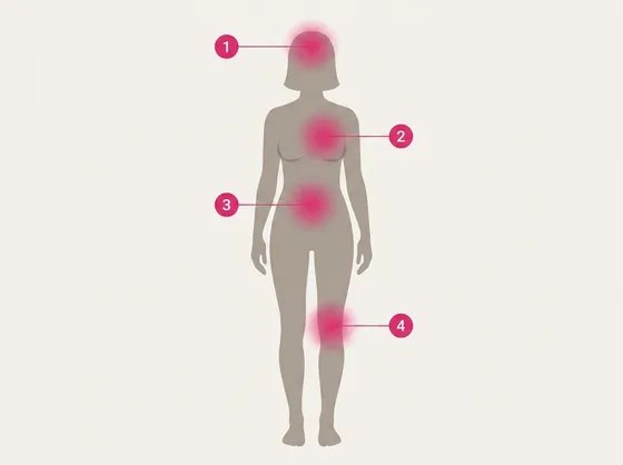 Silhueta de mulher com quatro regiões numeradas: cabeça, peito, abdômen e joelhos