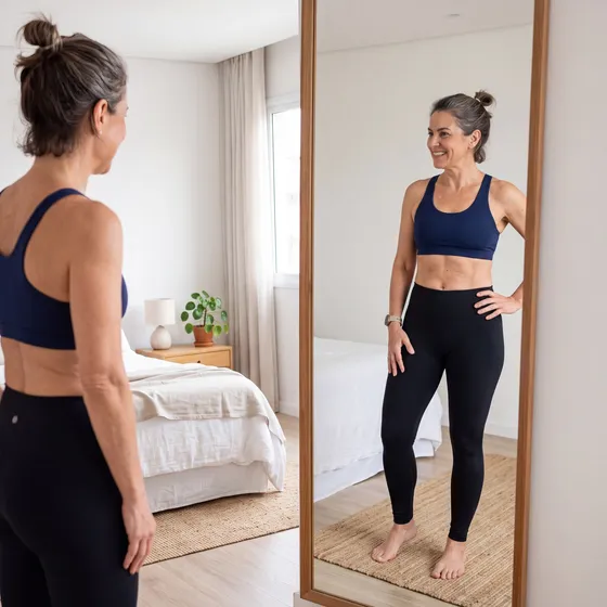Mulher de top e legging diante do espelho do quarto, olhando a própria cintura