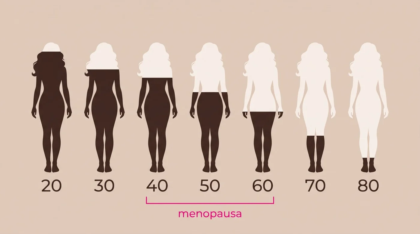 Sete silhuetas femininas dos 20 aos 80 anos com o nível de estrogênio caindo com a idade; a janela dos 40 aos 60 anos está marcada como menopausa.