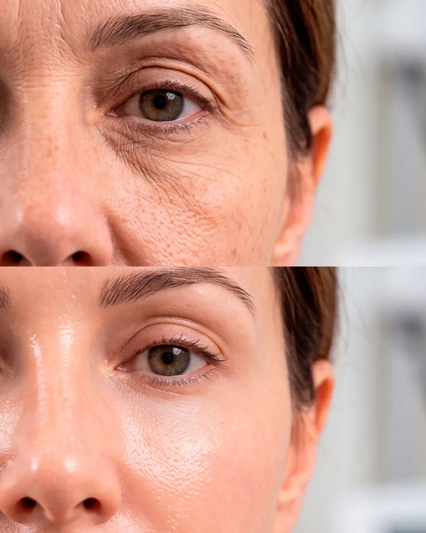 Antes e depois. Detalhe do olhar e da região sob os olhos, mesma pele e mesma luz.